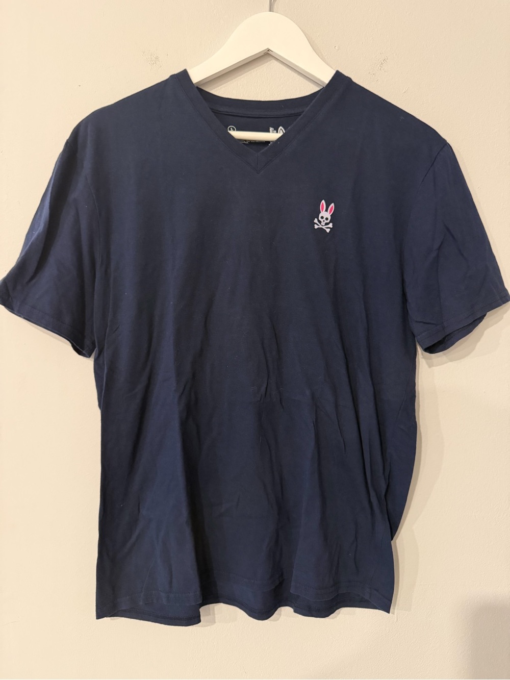 Psycho Bunny Navy V-Neck Tee with Pink-Accented Logo Size Large